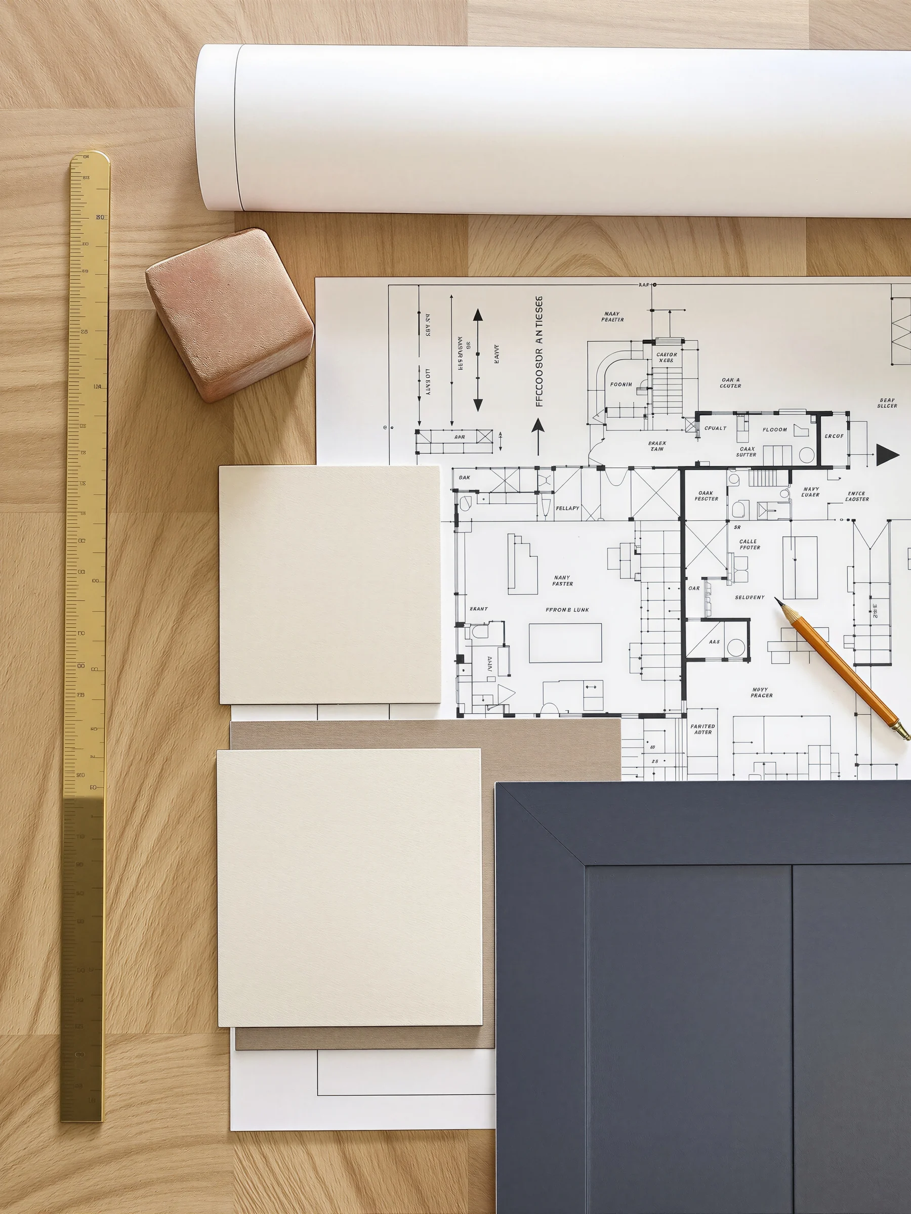 Floor plans, a brass ruler and material samples on an oak desk