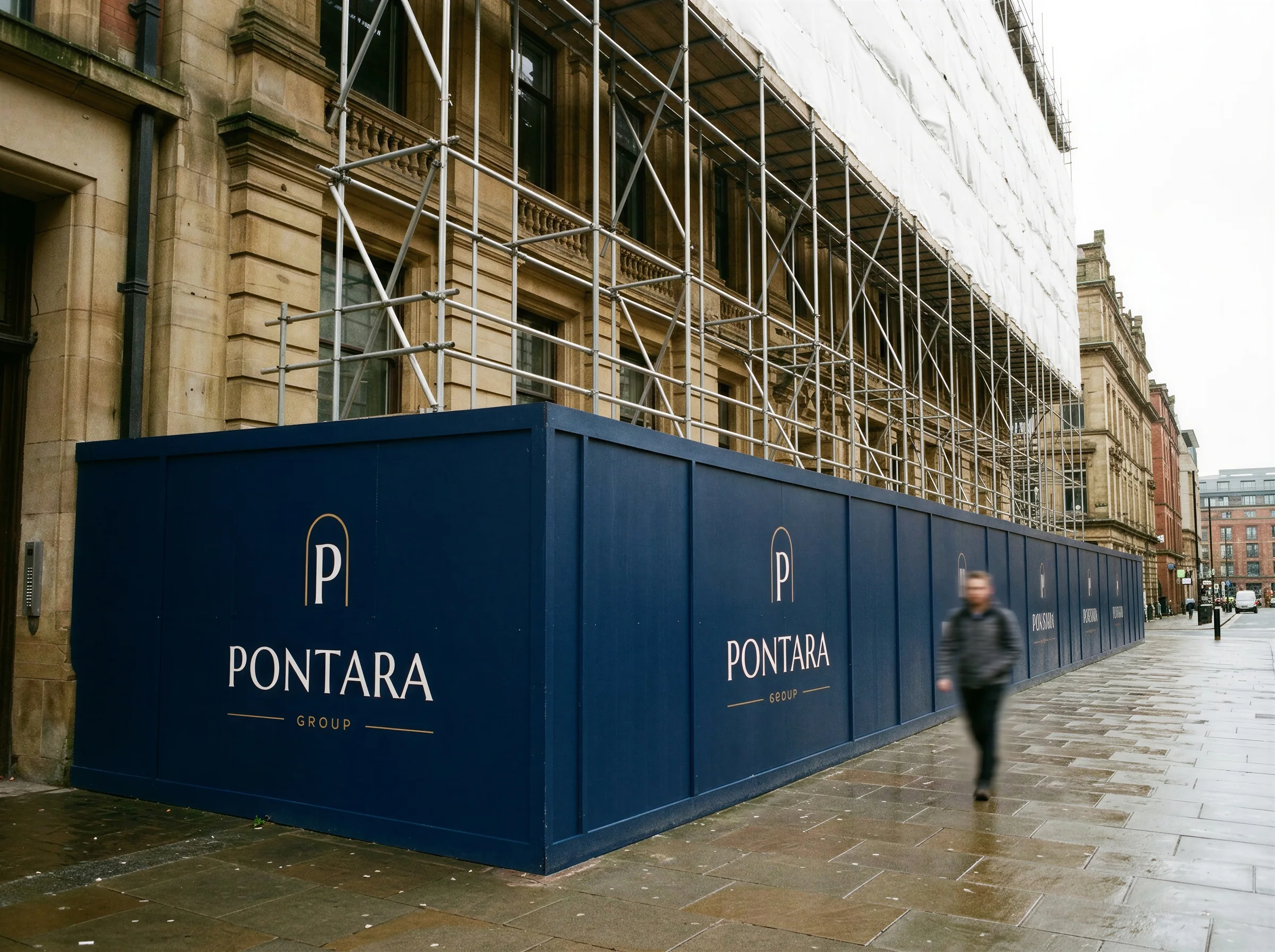 A navy site hoarding with the Pontara Group logo around a heritage building
