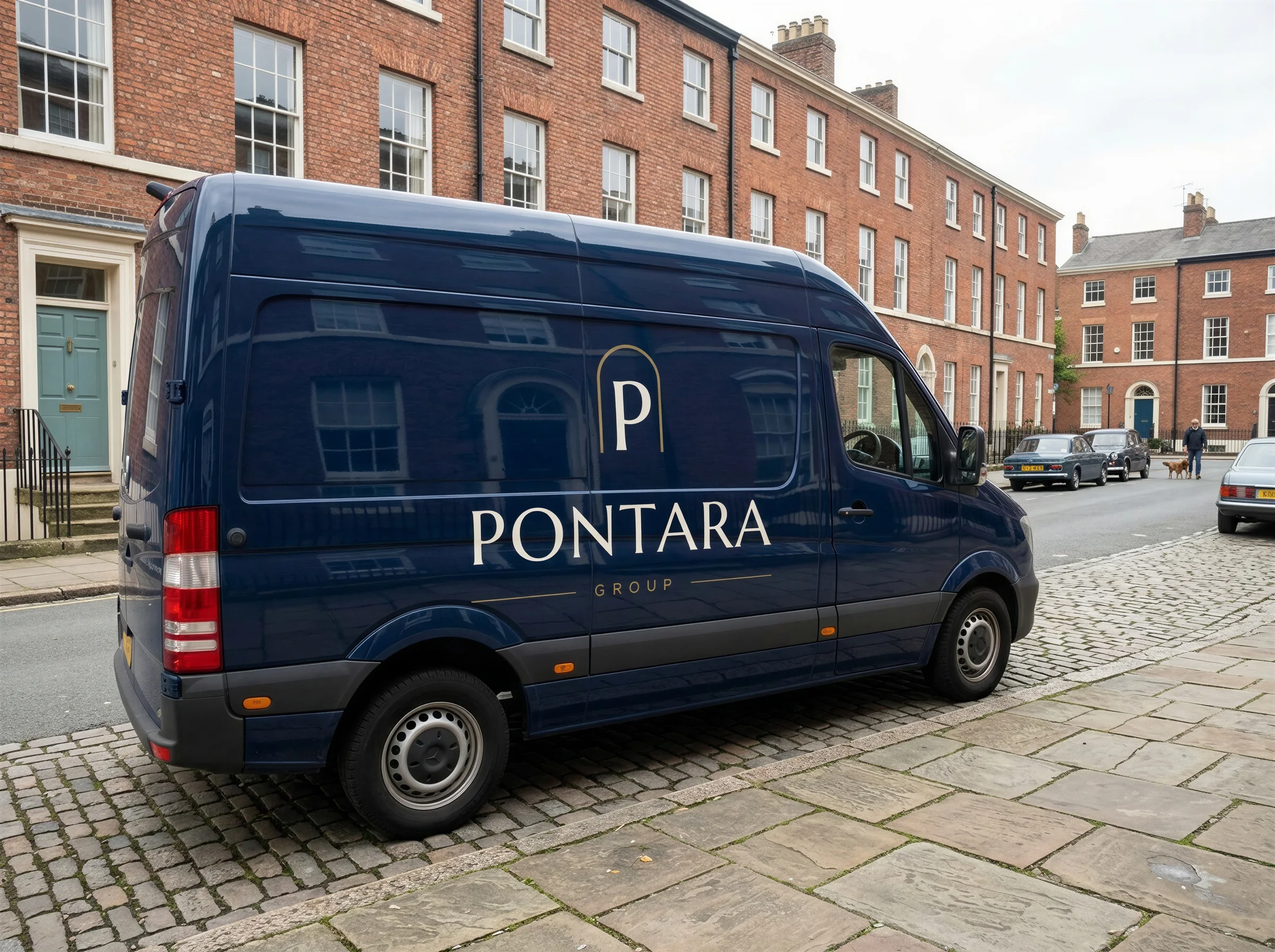 A navy van with the Pontara Group arch logo on a Georgian street