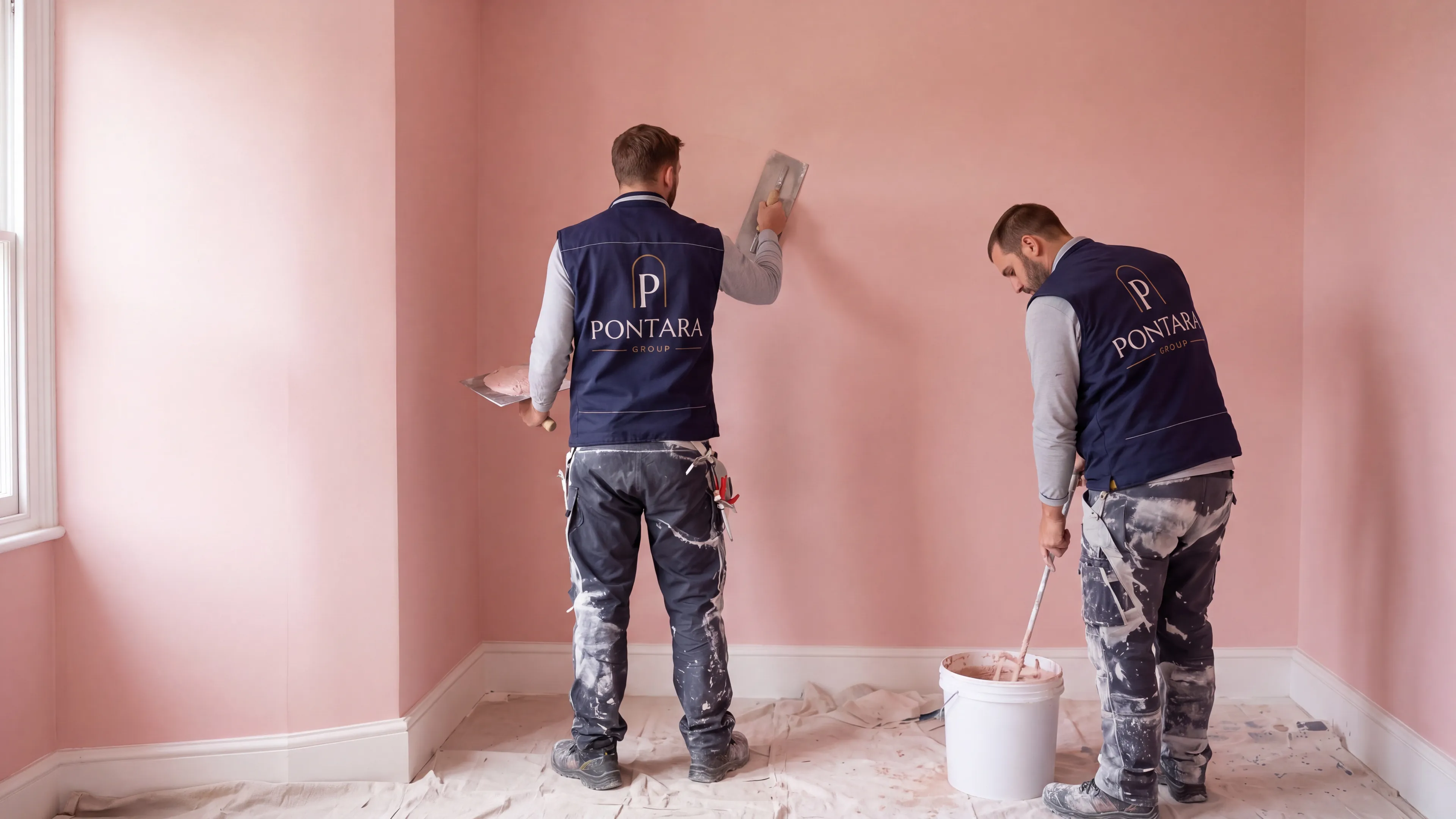 Two plasterers in Pontara gilets skimming the walls of a Victorian room