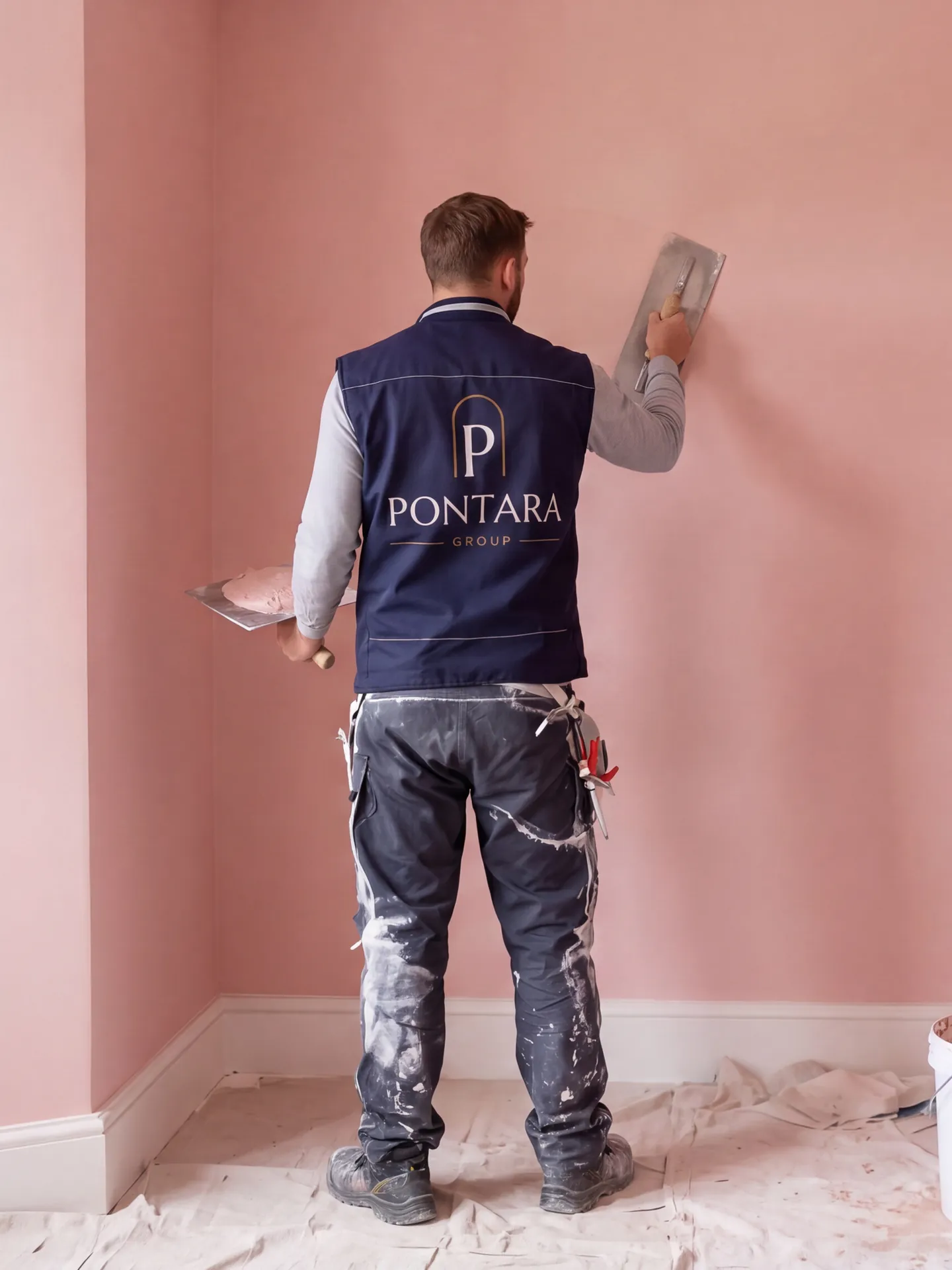 Two plasterers in Pontara gilets skimming the walls of a Victorian room