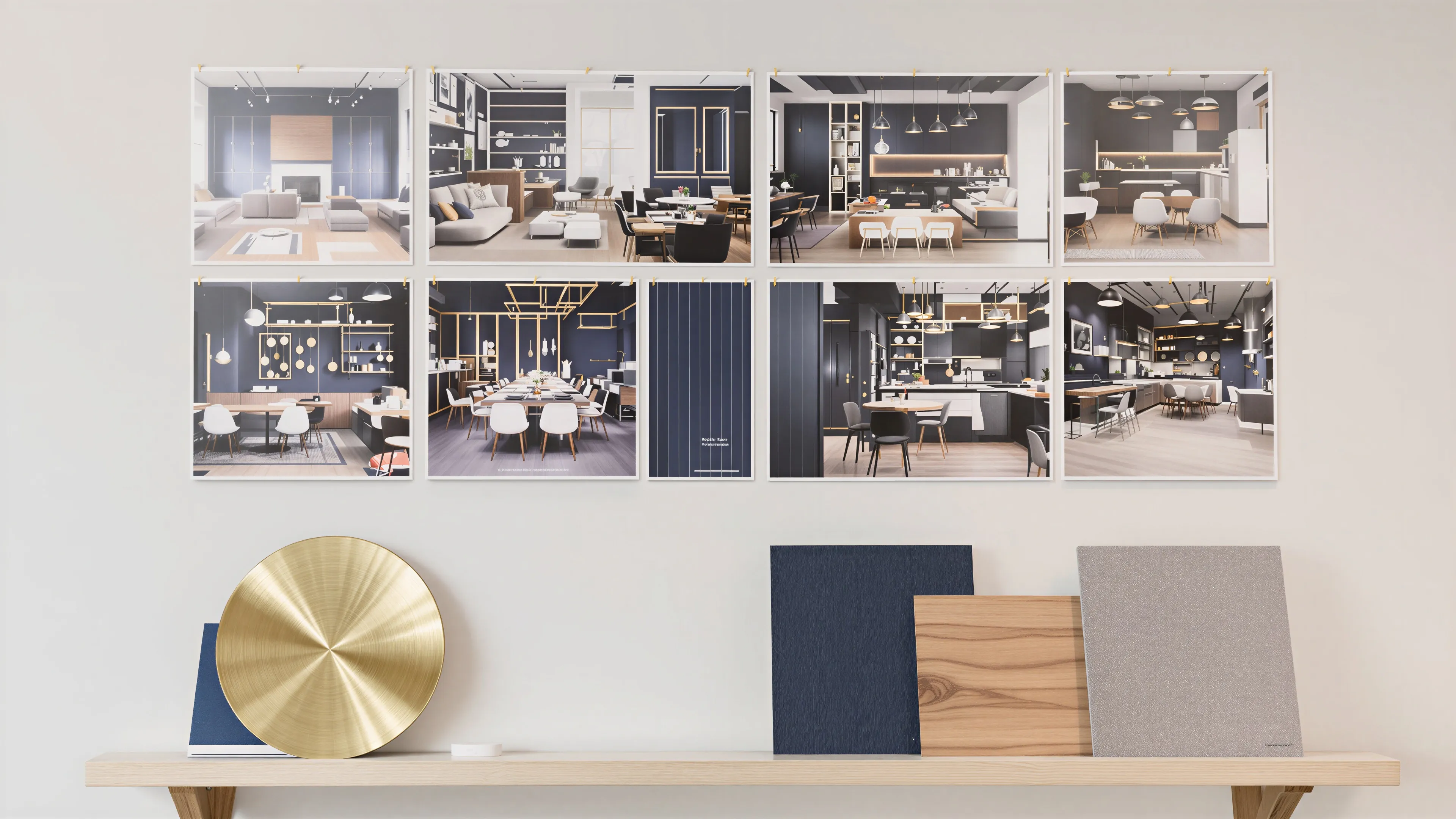 Printed interior visualisations pinned up beside paint, brass, oak and fabric samples