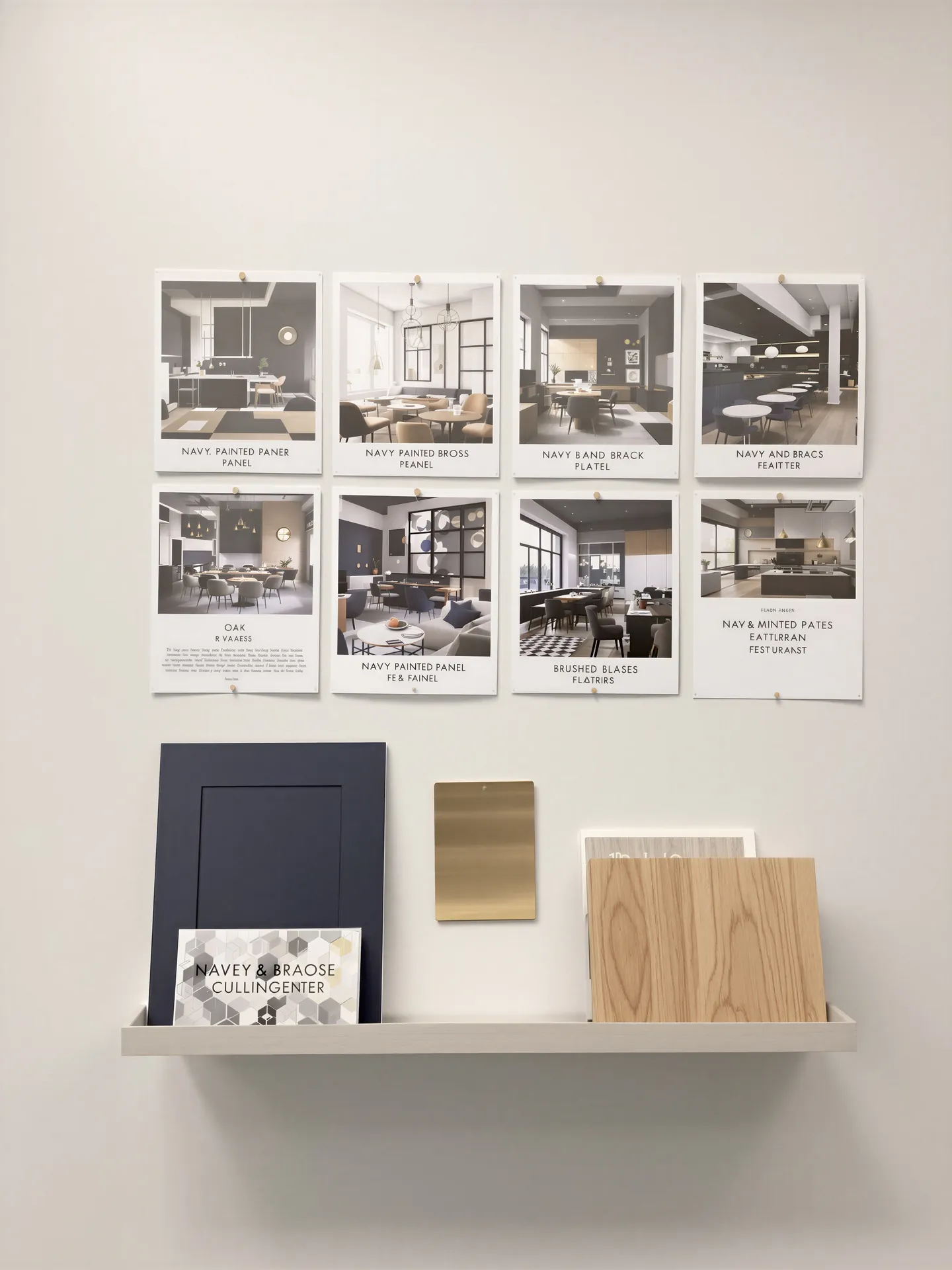 Printed interior visualisations pinned up beside paint, brass, oak and fabric samples