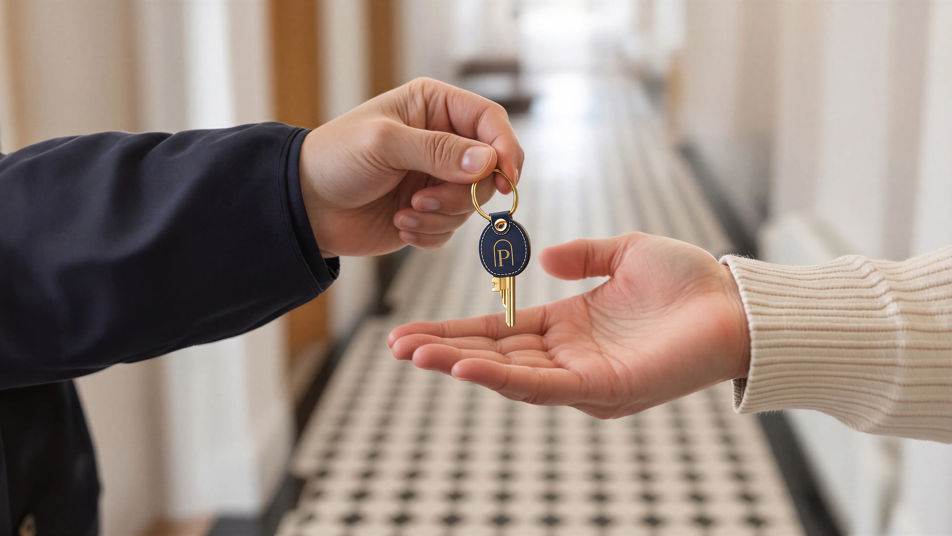 A house key on a Pontara leather fob passed from one hand to another in a finished hallway