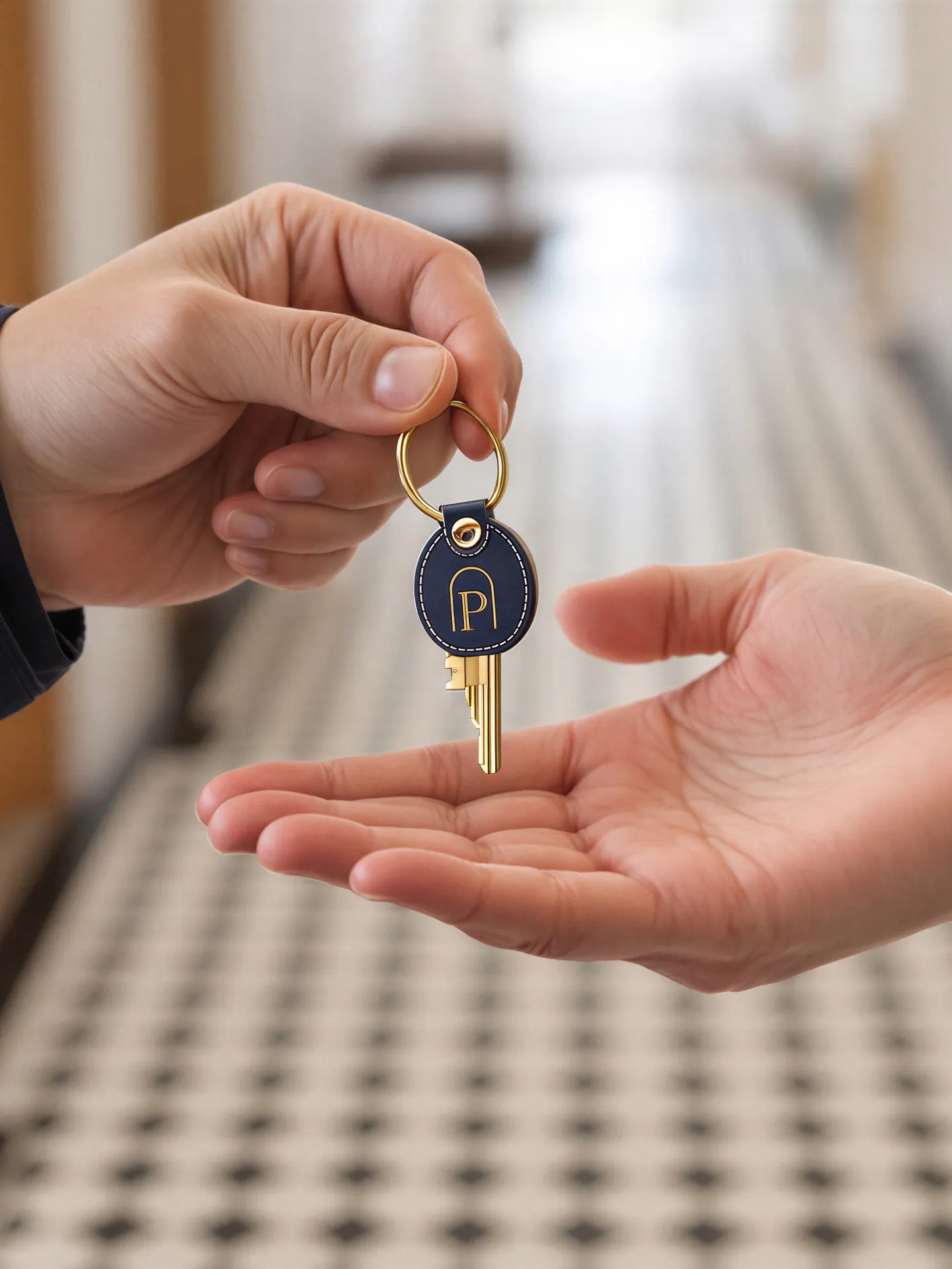 A house key on a Pontara leather fob passed from one hand to another in a finished hallway