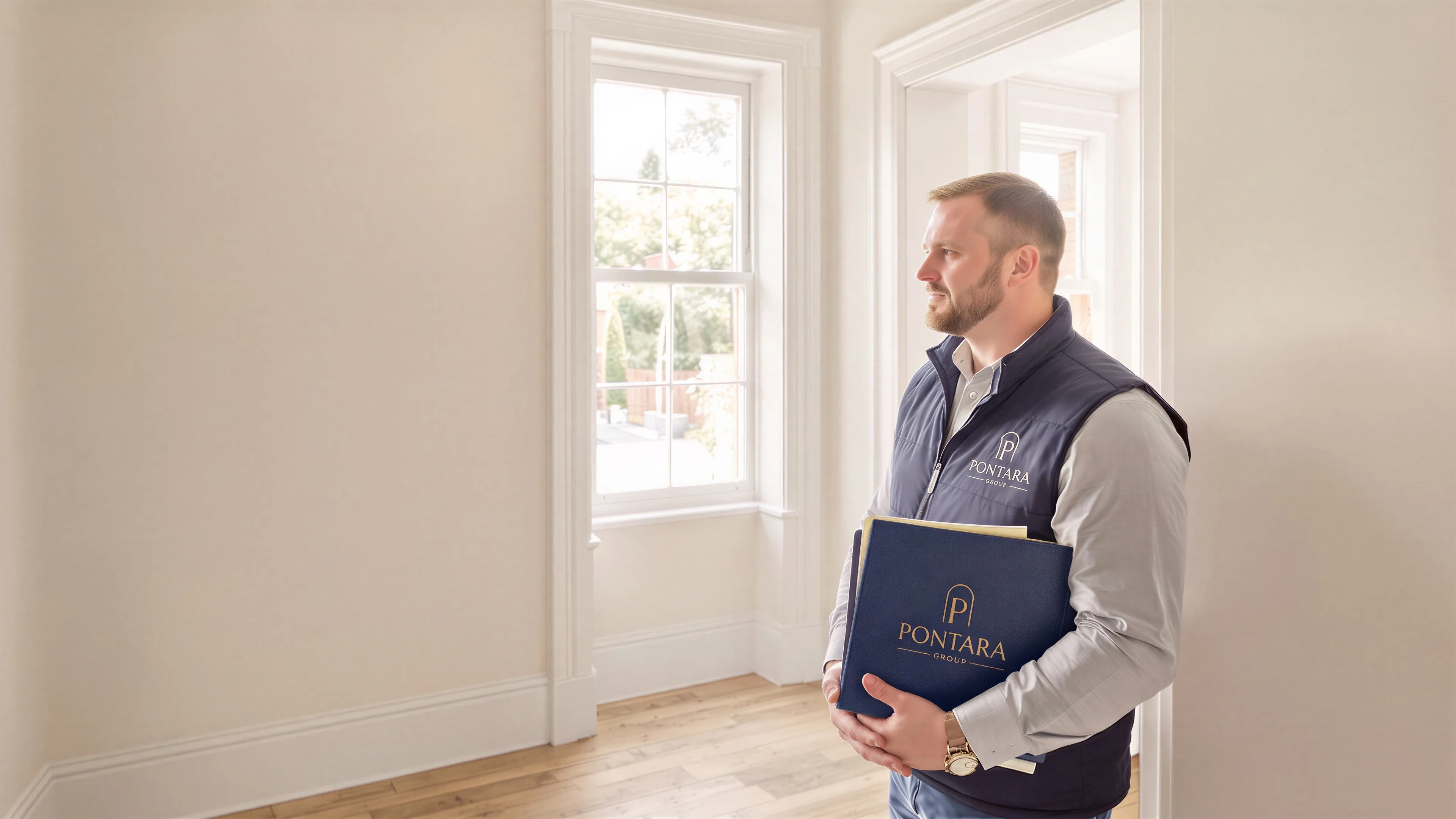 A Pontara surveyor with a branded folder looking over an empty Victorian room