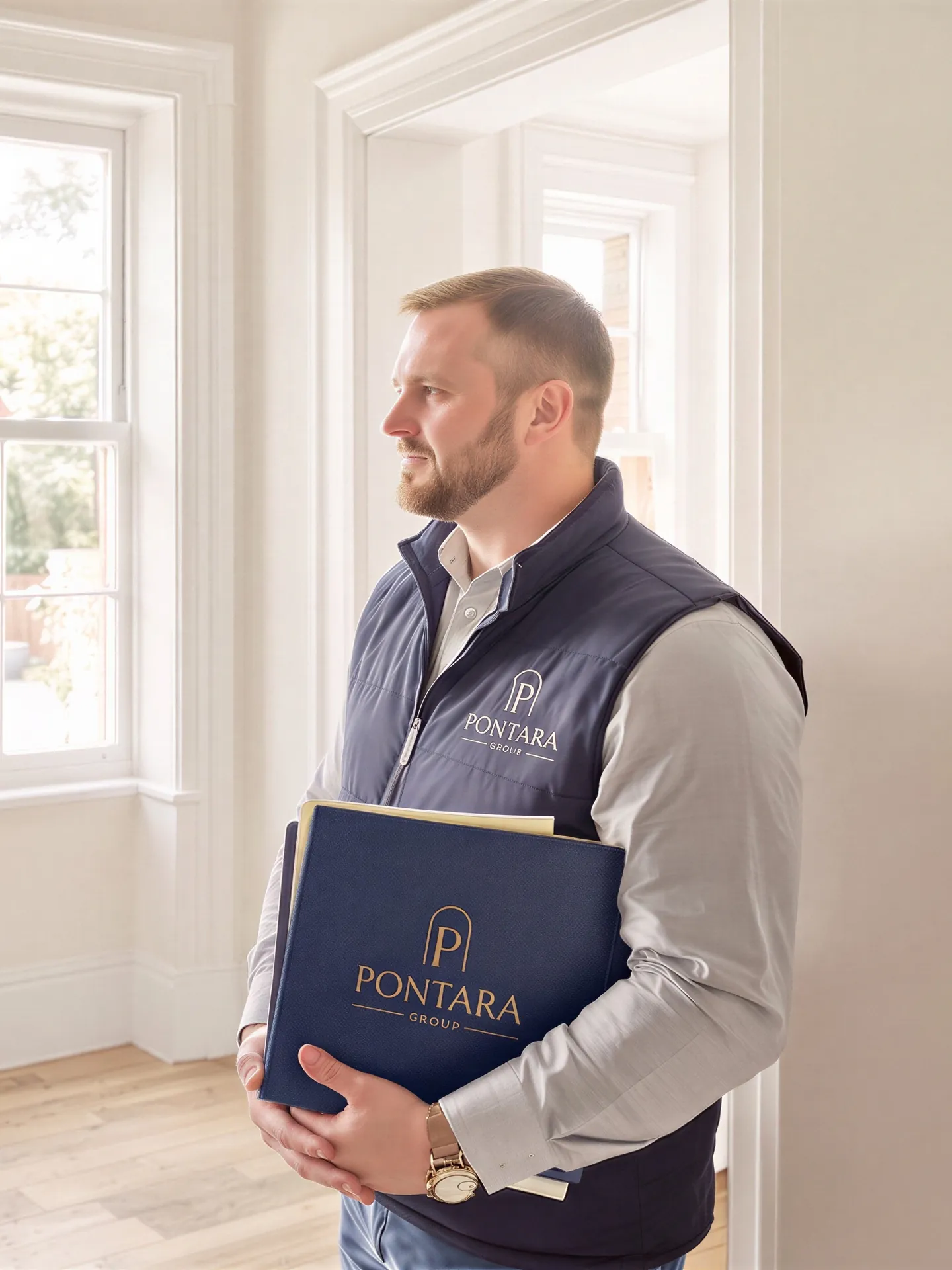 A Pontara surveyor with a branded folder looking over an empty Victorian room