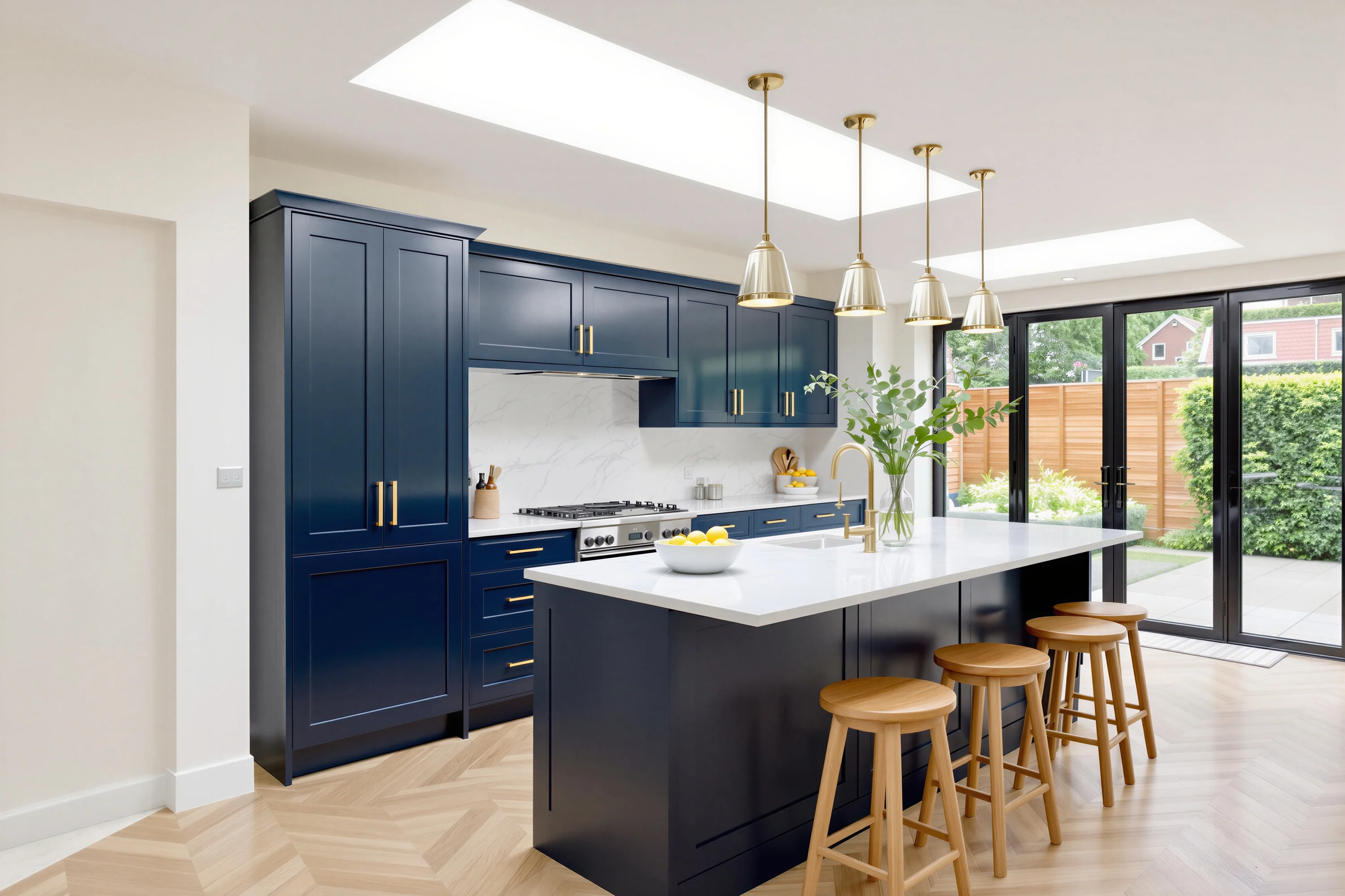 A visualisation of a kitchen extension, from bare blockwork to a navy and brass kitchen